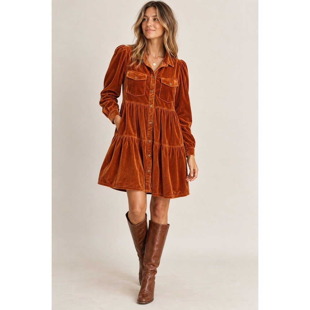 Umgee Rust Orange Velvet Tiered Babydoll Button Front Mini Dress A6674 Medium